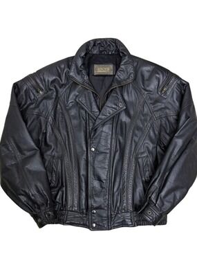 Vintage GALLUCCI LEATHER Coat Korean Bomber Black Retro Jacket Mens Large
